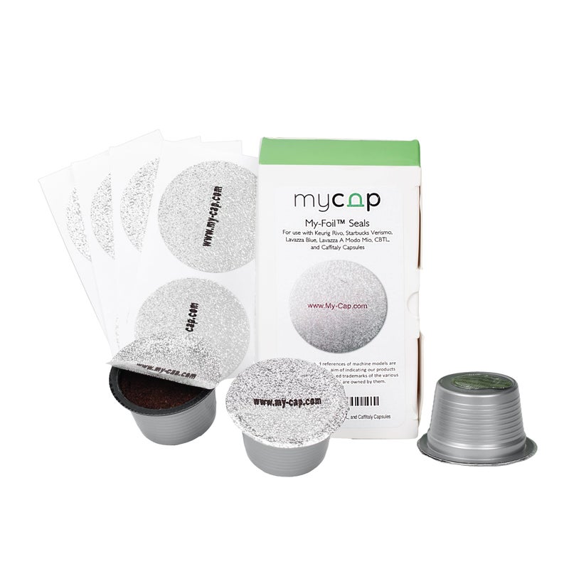 My-Cap Foil Seals for Coffee Pods - Foil Lids to Reuse Verismo, Lavazza Blue, Lavazza A Modo Mio, CBTL, and Caffitaly Capsules - Aluminum Foil Seals - Reuse your Coffee Capsules (Pack of 100) - Image 1